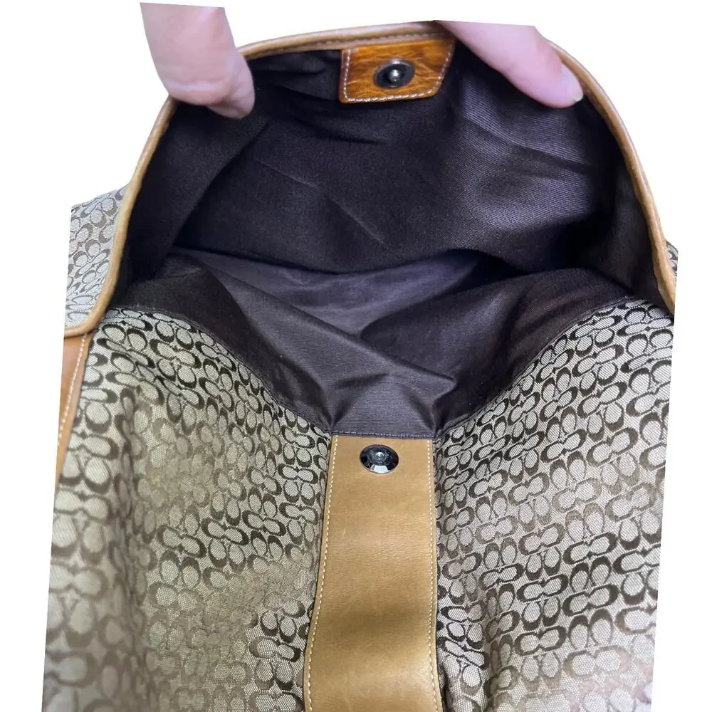 Coach Signature Canvas Leather Messenger Crossbody Bag Flap Laptop Brown Tan
